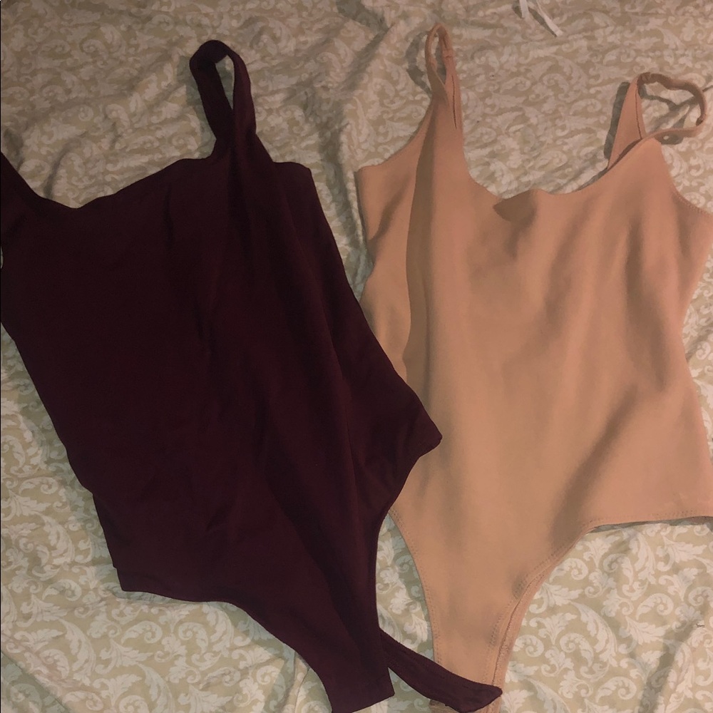 Fashion Nova Burgundy and Nude Bodysuits